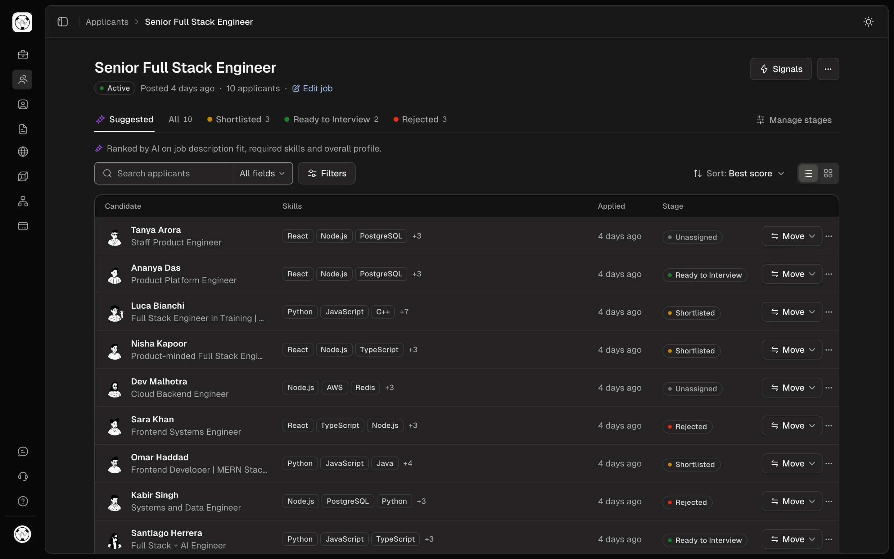 Recruit's applicant list for a Senior Full Stack Engineer job, ranked by AI, with each person's skills and hiring stage