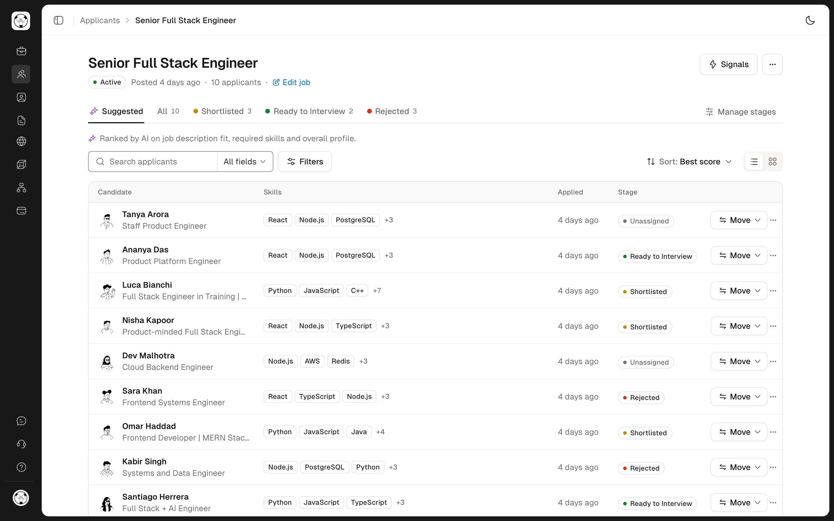 Recruit's applicant list for a Senior Full Stack Engineer job, ranked by AI, with each person's skills and hiring stage