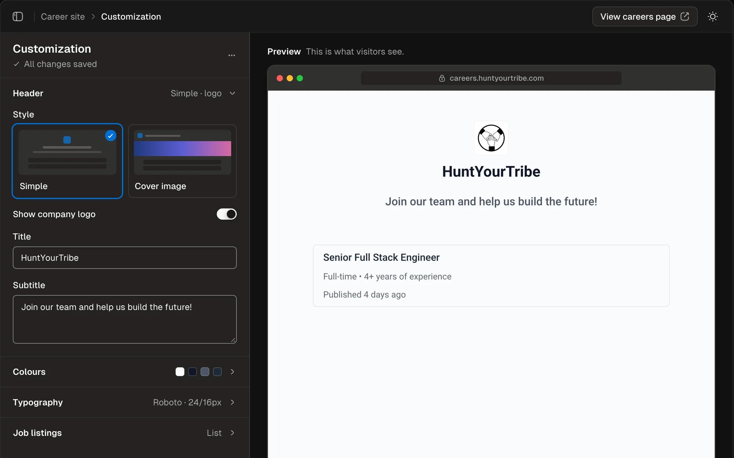 Careers page settings next to a live preview of the company's careers page