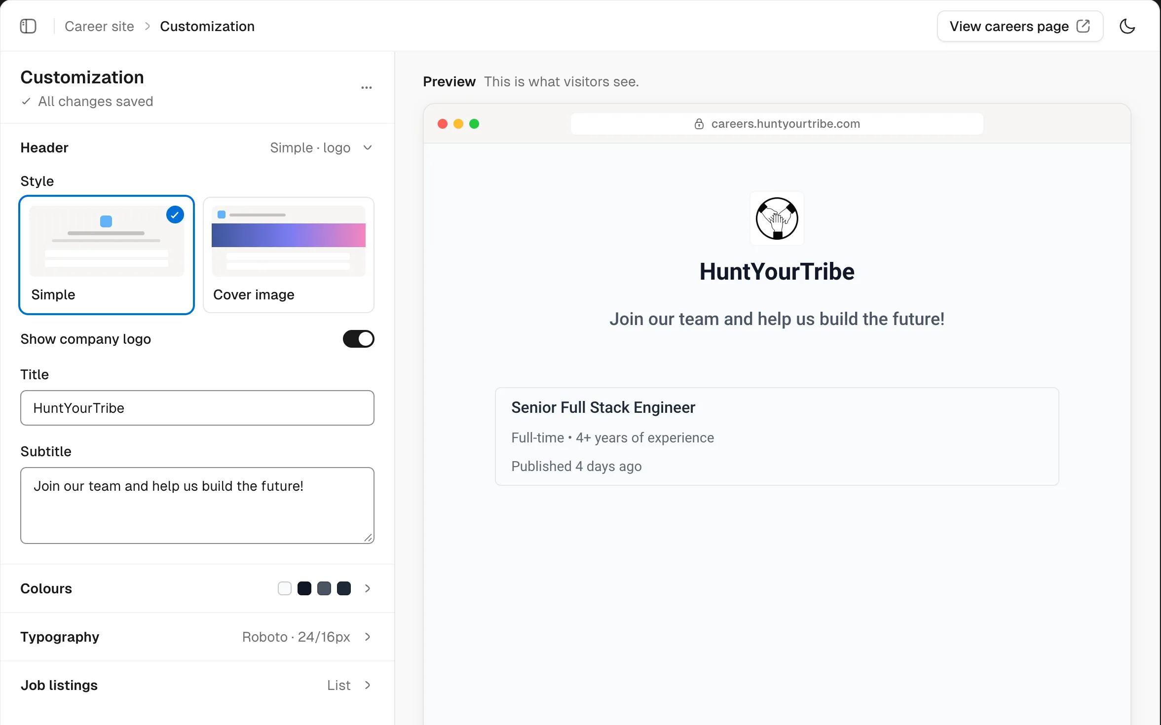 Careers page settings next to a live preview of the company's careers page