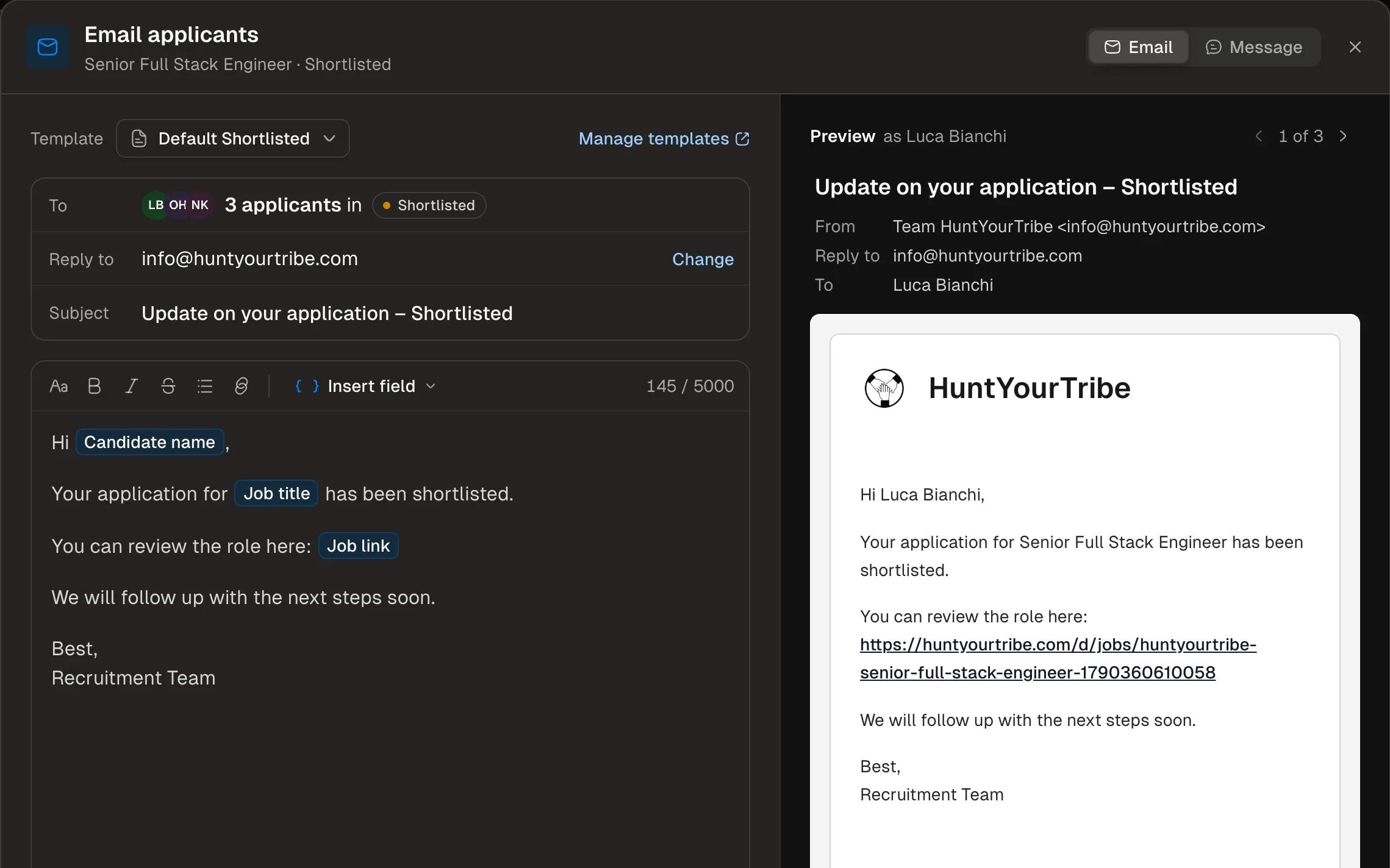 The email composer sending a Shortlisted template to 3 applicants, with a preview of one email