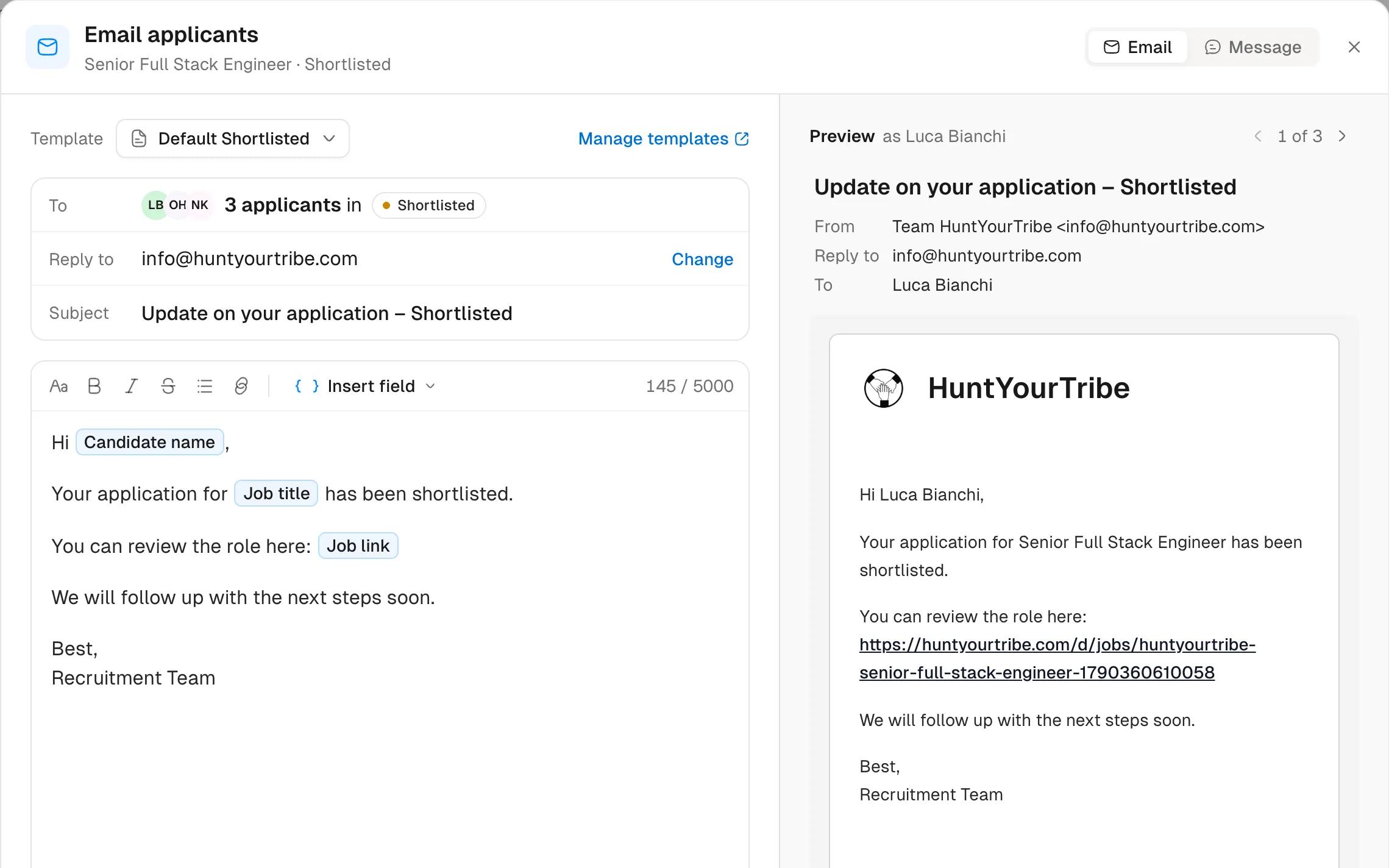 The email composer sending a Shortlisted template to 3 applicants, with a preview of one email
