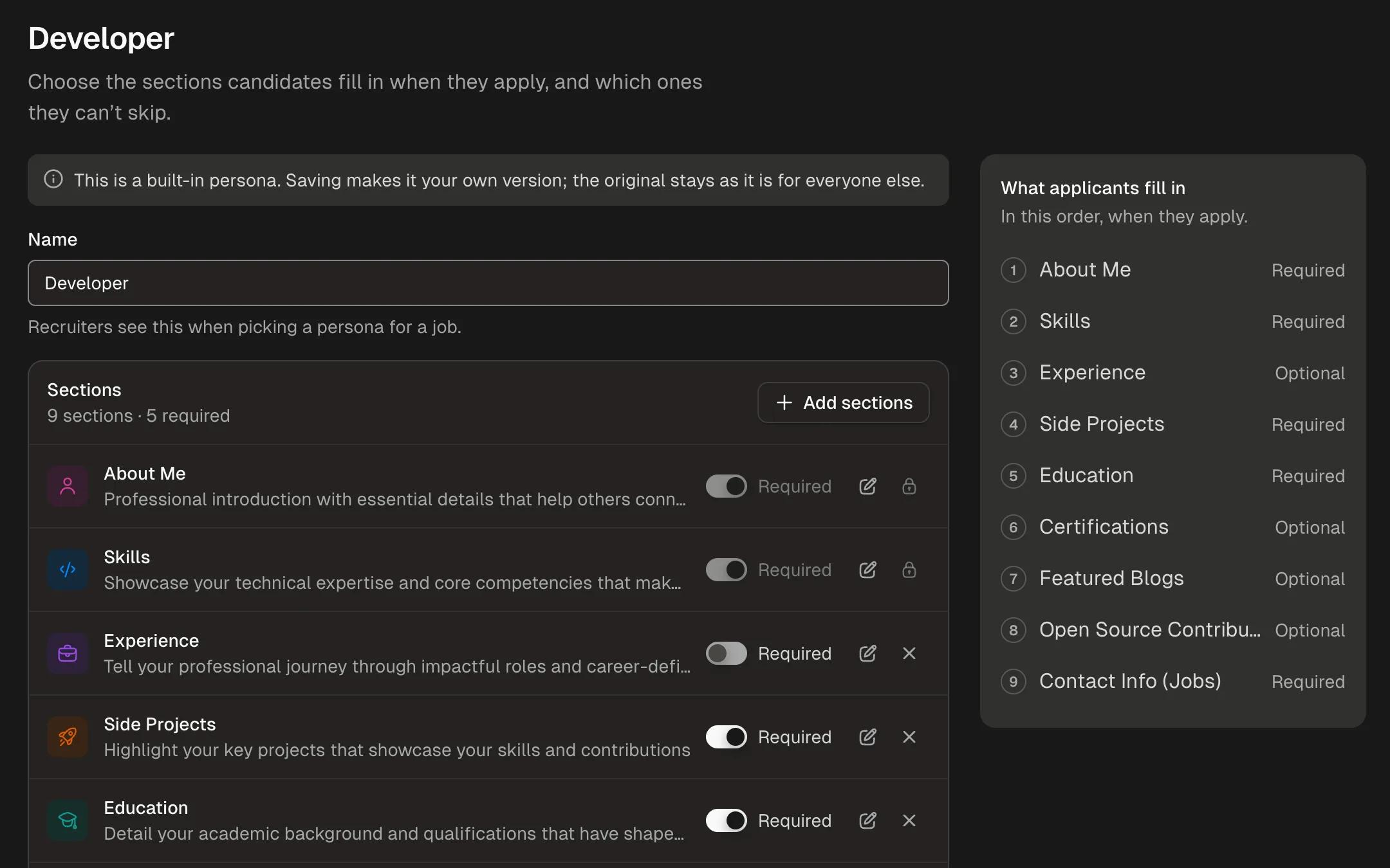 A Developer persona listing the sections applicants fill in, such as side projects and education, each marked required or optional