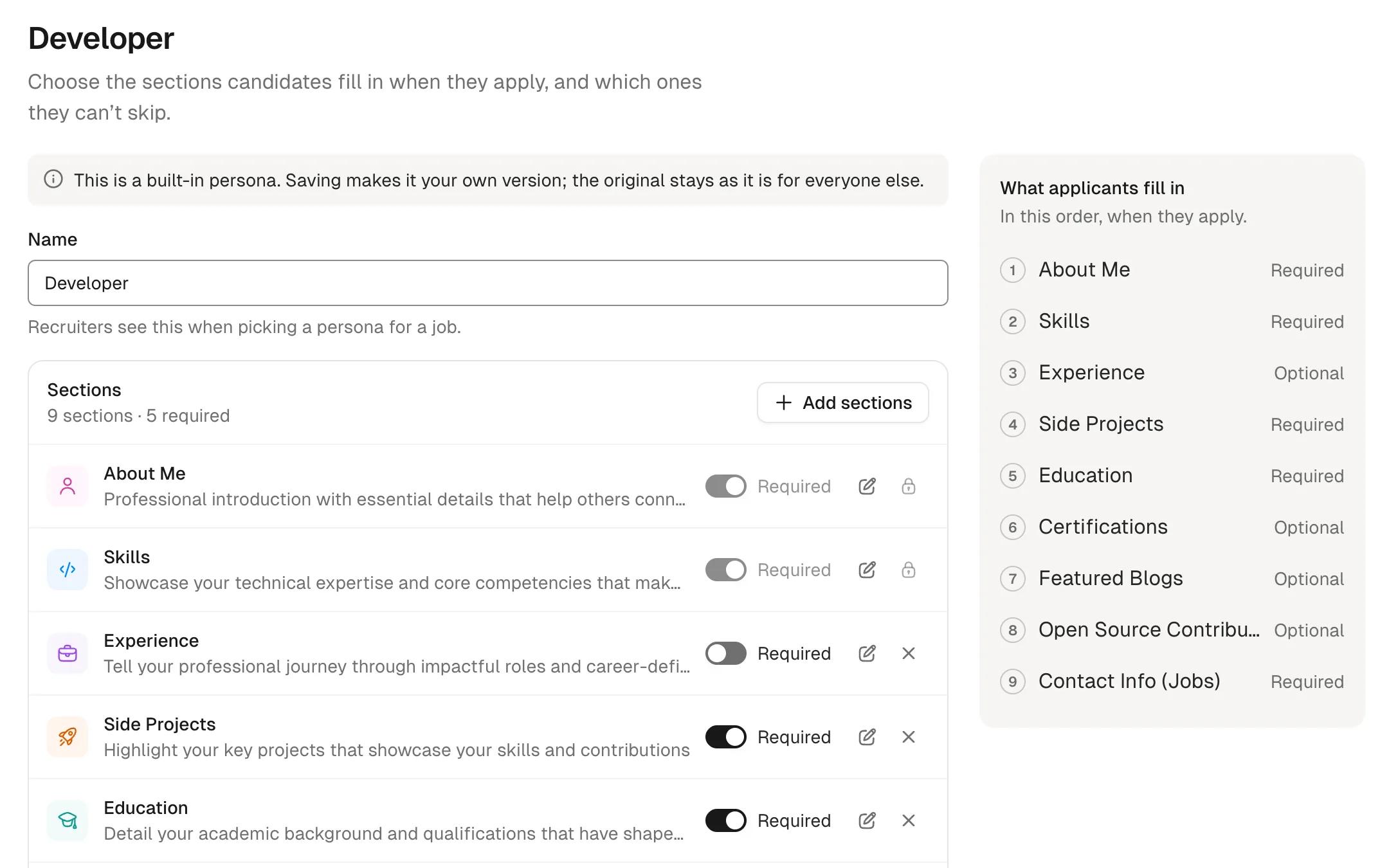 A Developer persona listing the sections applicants fill in, such as side projects and education, each marked required or optional