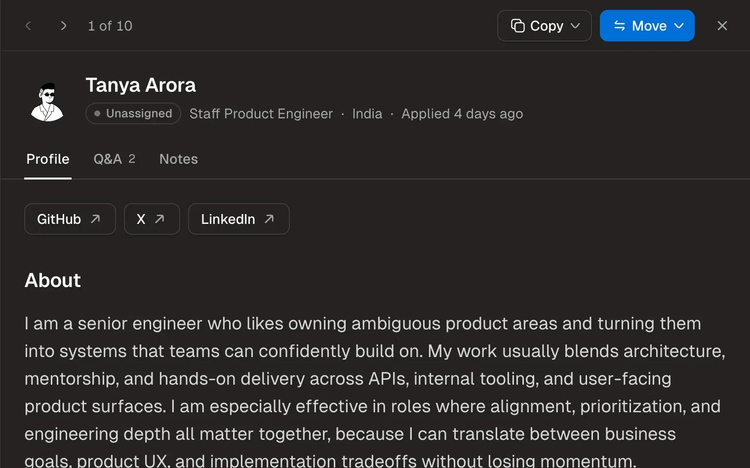 An applicant's profile open beside the list, with links to their GitHub, X and LinkedIn and a short summary