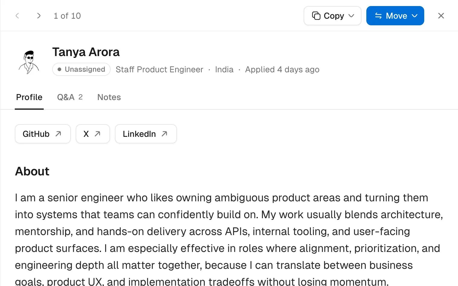 An applicant's profile open beside the list, with links to their GitHub, X and LinkedIn and a short summary