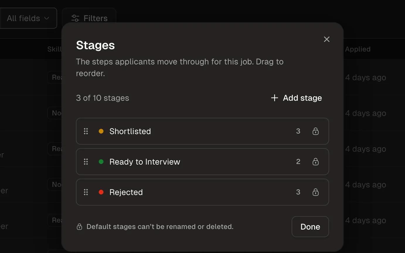 The stages dialog for a job, with Shortlisted, Ready to Interview and Rejected and the number of people in each