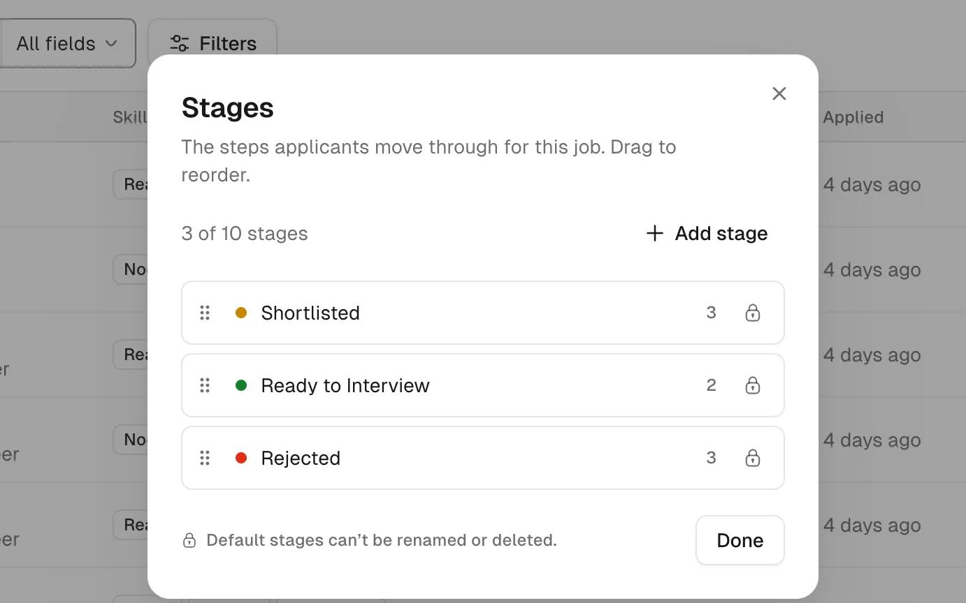 The stages dialog for a job, with Shortlisted, Ready to Interview and Rejected and the number of people in each