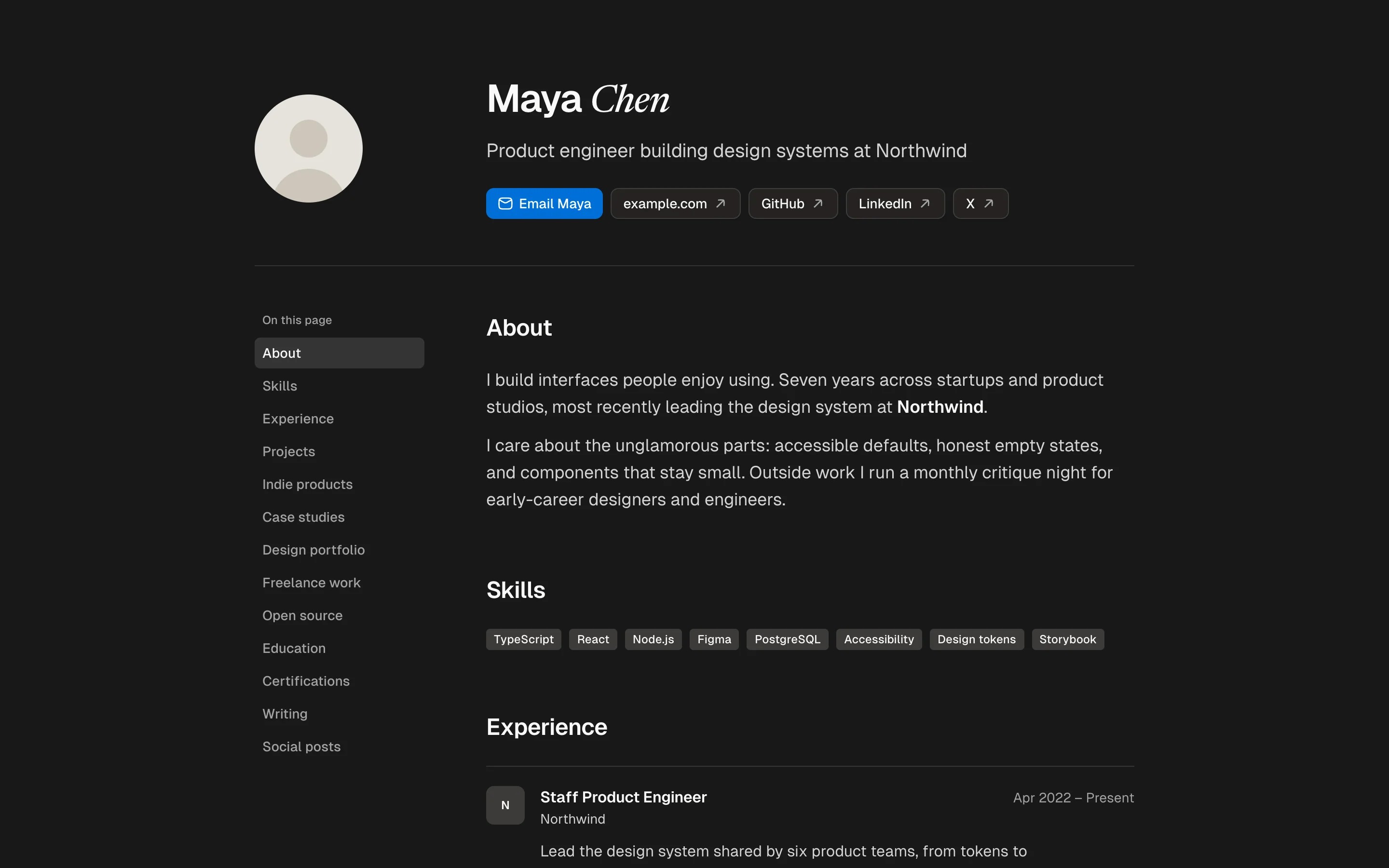 Maya Chen's sample page in the HYT Light template: her name, headline, links and chapters